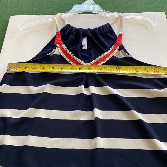 Sleeveless Tunic striped top. Navy blue, cream and Coral. Embroidered bottom - Picture 9 of 11